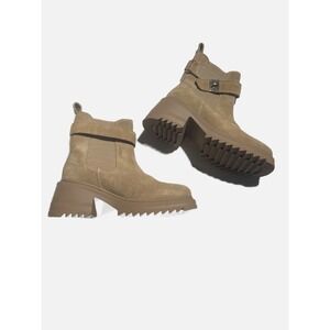 Steve Madden Suede Ankle Boots Womens 6.5 Tan Lug Sole Chunky Heel Turn-Lock Edg